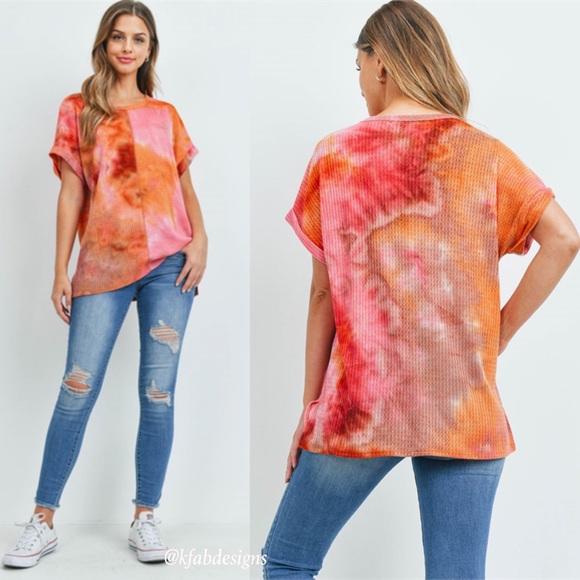 LAST 2! So Soft Vibrant Pink/Peach Waffle Knit Reverse Stitch Top! - Picture 4 of 5